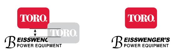 Co-branding placement diagram showing Toro shield and distributor name positioning