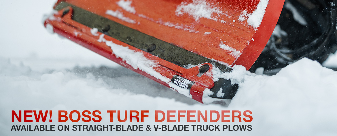 New! BOSS Turf Defenders available on Straight-Blade & V-Blade Truck Plows with close up image of turf defenders