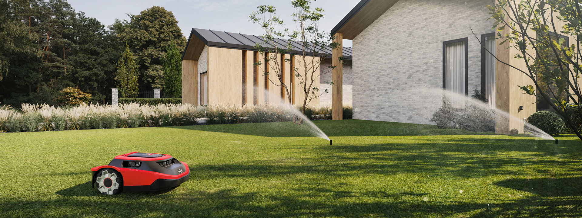 Image of robotic lawnmower and irrigation sprinklers in front of a house